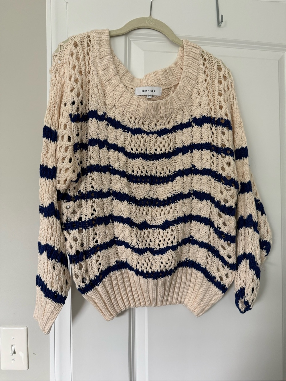John + Jenn Cream Open-Knit Sweater with Navy Stripes